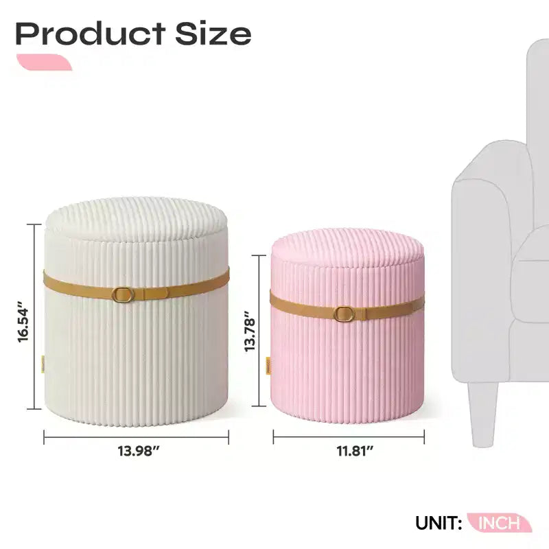 Pouf rotondo con contenitore set da 2, Pouf tavolino, Sgabello da trucco in velluto a coste per camera da letto, Poggiapiedi per soggiorno