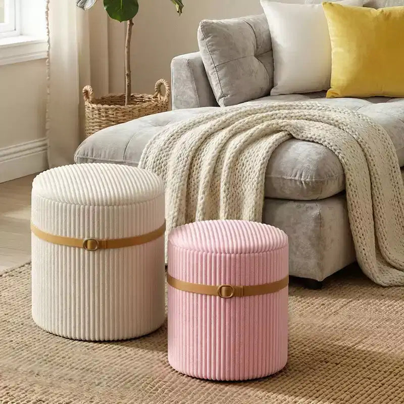 Pouf rotondo con contenitore set da 2, Pouf tavolino, Sgabello da trucco in velluto a coste per camera da letto, Poggiapiedi per soggiorno