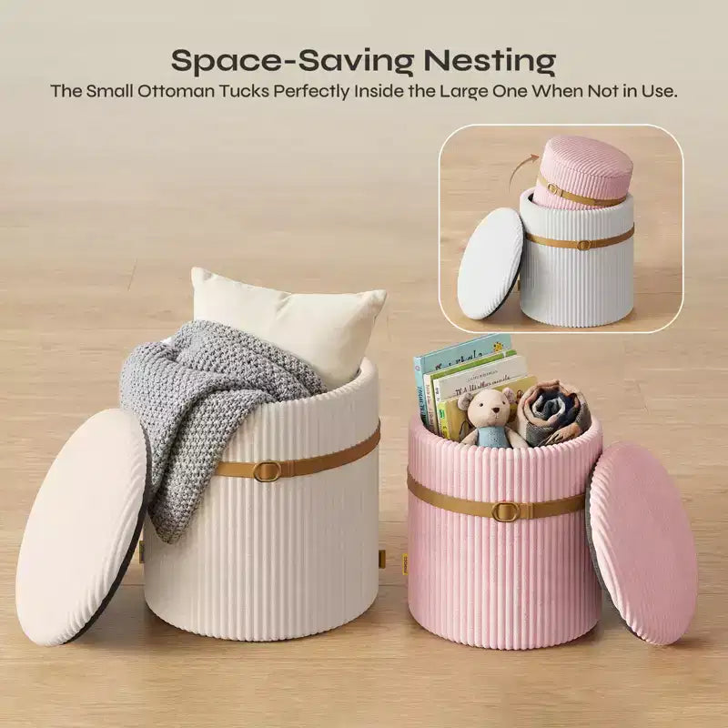 Pouf rotondo con contenitore set da 2, Pouf tavolino, Sgabello da trucco in velluto a coste per camera da letto, Poggiapiedi per soggiorno