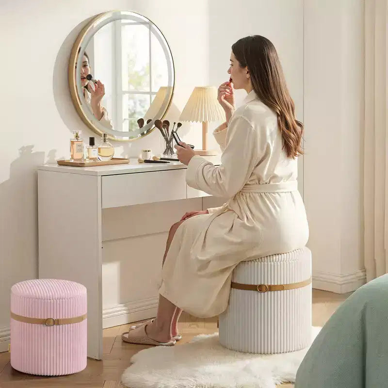 Pouf rotondo con contenitore set da 2, Pouf tavolino, Sgabello da trucco in velluto a coste per camera da letto, Poggiapiedi per soggiorno