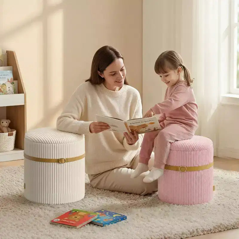 Pouf rotondo con contenitore set da 2, Pouf tavolino, Sgabello da trucco in velluto a coste per camera da letto, Poggiapiedi per soggiorno
