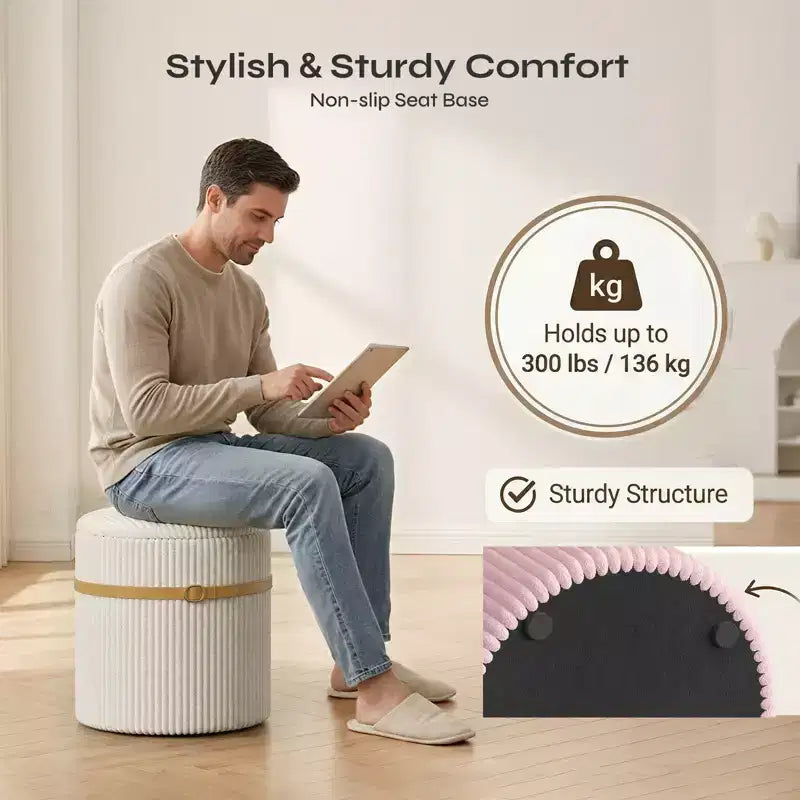 Pouf rotondo con contenitore set da 2, Pouf tavolino, Sgabello da trucco in velluto a coste per camera da letto, Poggiapiedi per soggiorno