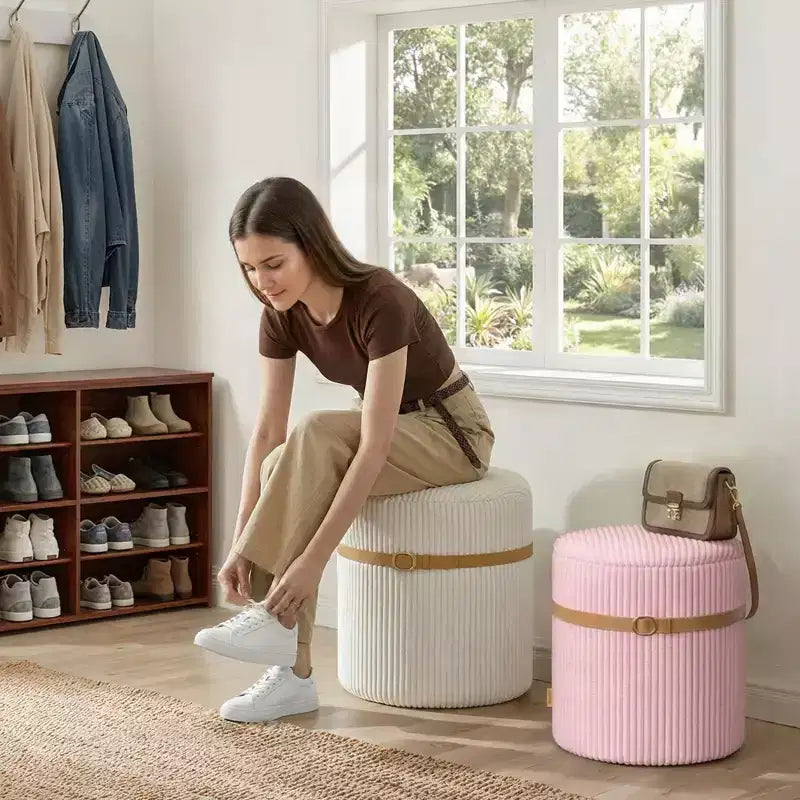Pouf rotondo con contenitore set da 2, Pouf tavolino, Sgabello da trucco in velluto a coste per camera da letto, Poggiapiedi per soggiorno