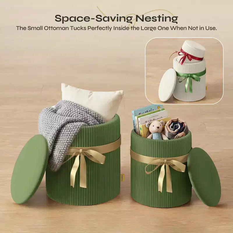 Pouf rotondo con contenitore set da 2, Pouf tavolino, Sgabello da trucco in velluto a coste per camera da letto, Poggiapiedi per soggiorno