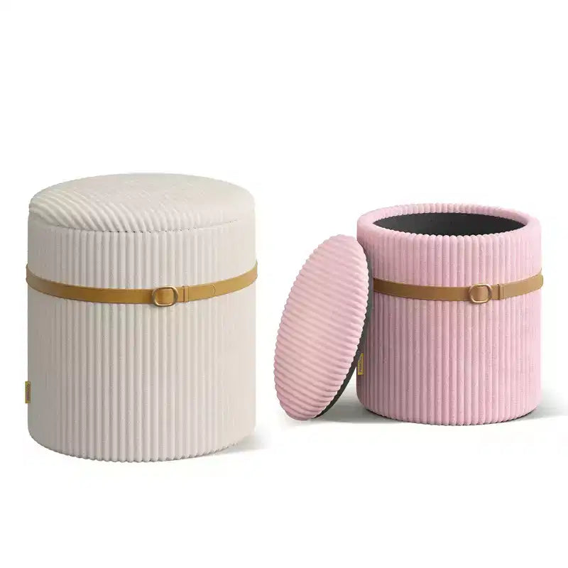 Pouf rotondo con contenitore set da 2, Pouf tavolino, Sgabello da trucco in velluto a coste per camera da letto, Poggiapiedi per soggiorno