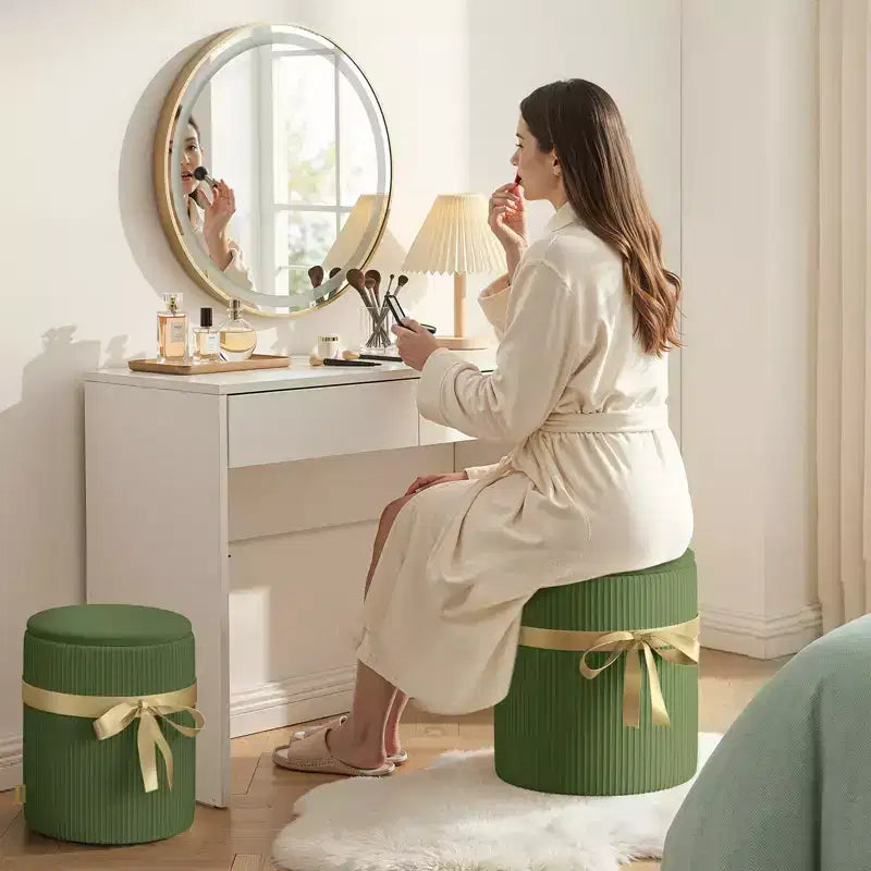 Pouf rotondo con contenitore set da 2, Pouf tavolino, Sgabello da trucco in velluto a coste per camera da letto, Poggiapiedi per soggiorno