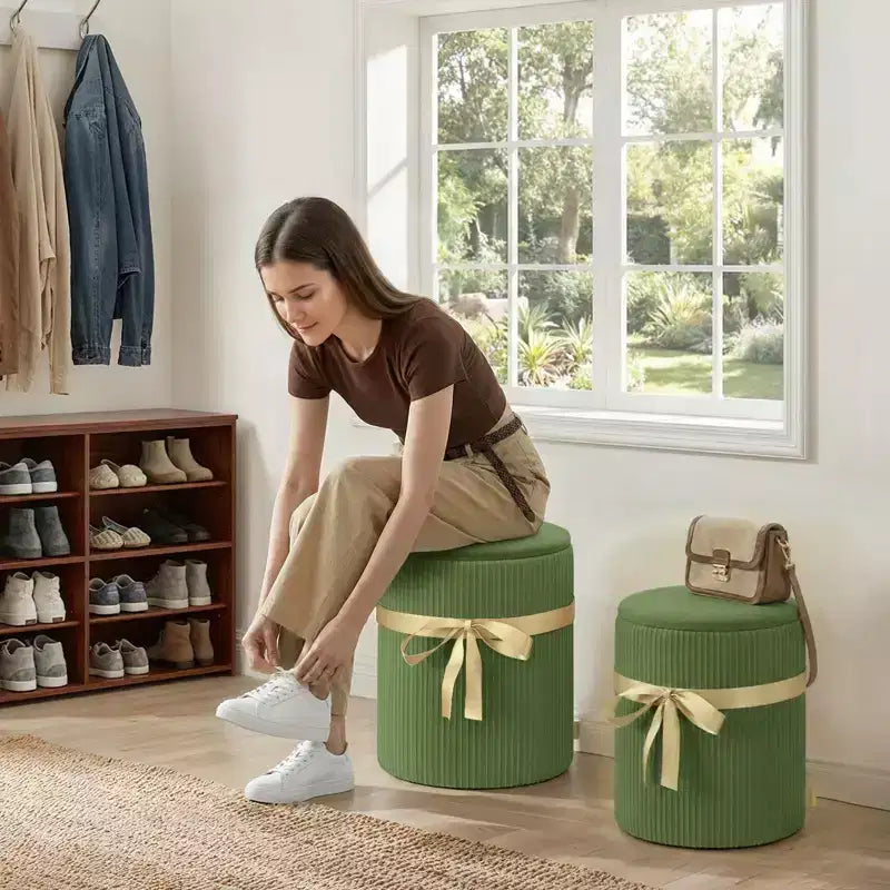 Pouf rotondo con contenitore set da 2, Pouf tavolino, Sgabello da trucco in velluto a coste per camera da letto, Poggiapiedi per soggiorno