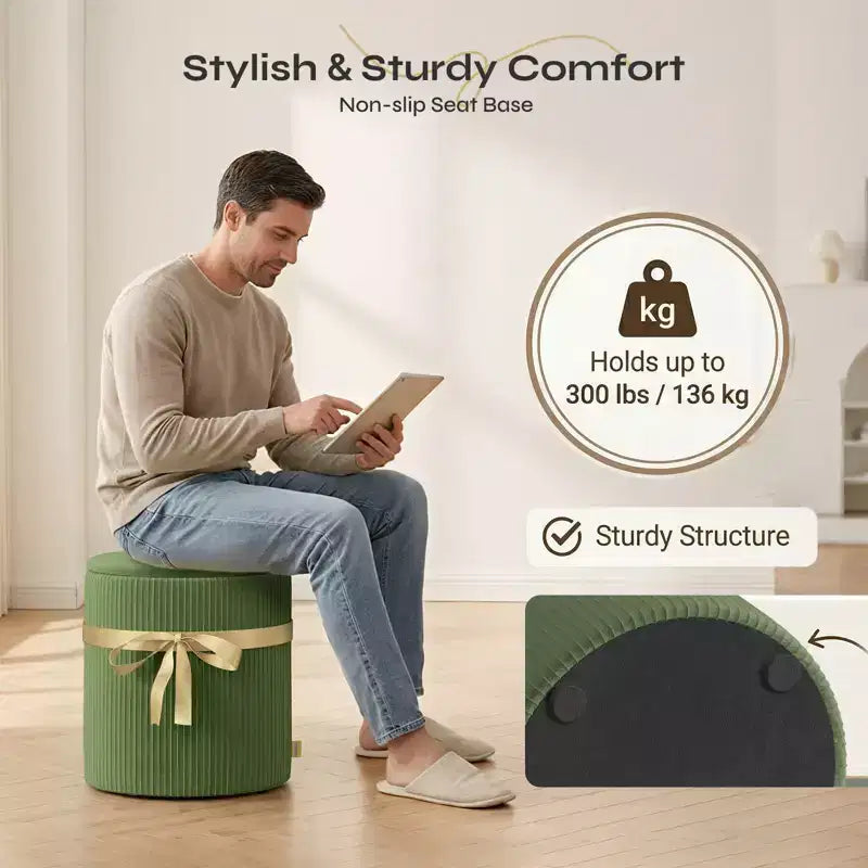 Pouf rotondo con contenitore set da 2, Pouf tavolino, Sgabello da trucco in velluto a coste per camera da letto, Poggiapiedi per soggiorno