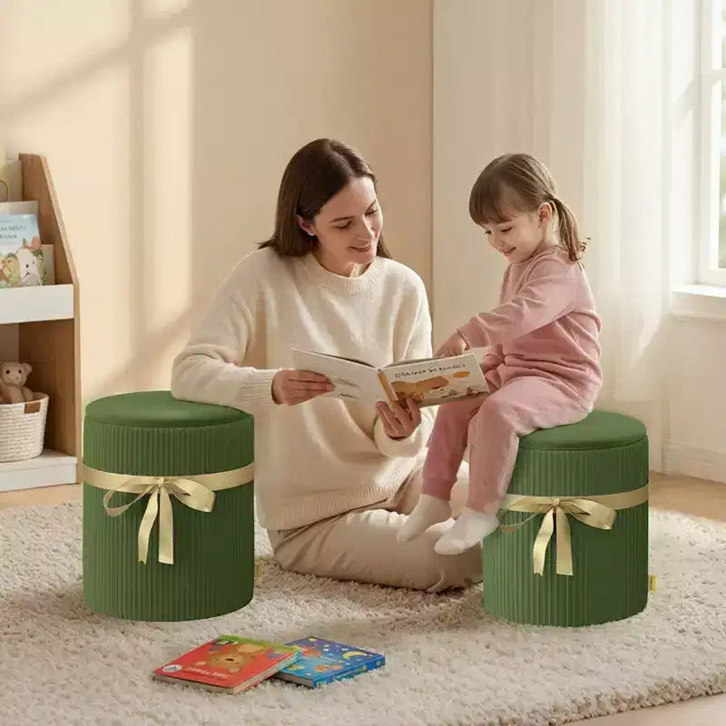 Pouf rotondo con contenitore set da 2, Pouf tavolino, Sgabello da trucco in velluto a coste per camera da letto, Poggiapiedi per soggiorno