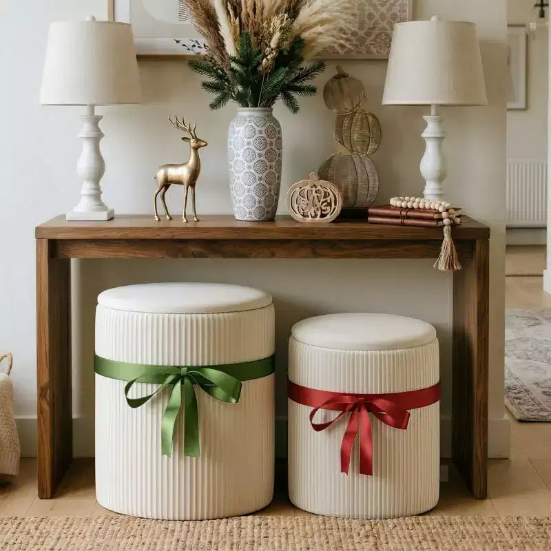 Pouf rotondo con contenitore set da 2, Pouf tavolino, Sgabello da trucco in velluto a coste per camera da letto, Poggiapiedi per soggiorno