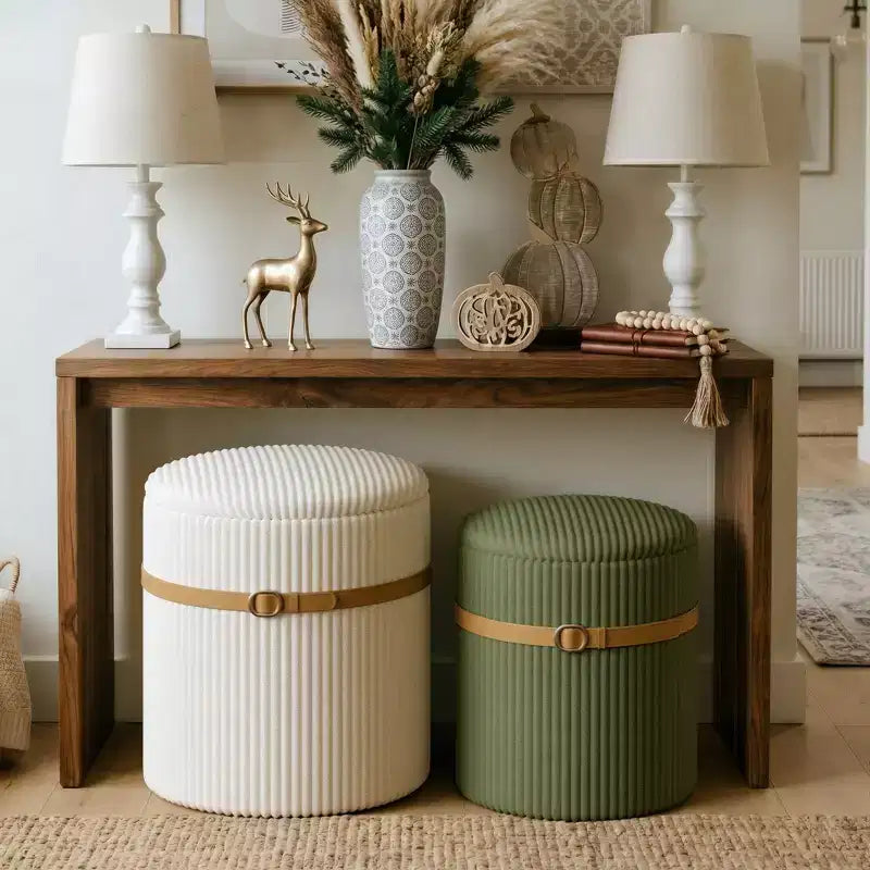 Pouf rotondo con contenitore set da 2, Pouf tavolino, Sgabello da trucco in velluto a coste per camera da letto, Poggiapiedi per soggiorno