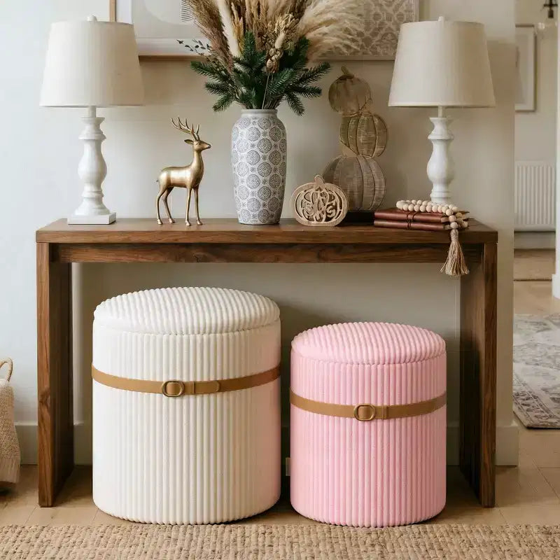 Pouf rotondo con contenitore set da 2, Pouf tavolino, Sgabello da trucco in velluto a coste per camera da letto, Poggiapiedi per soggiorno