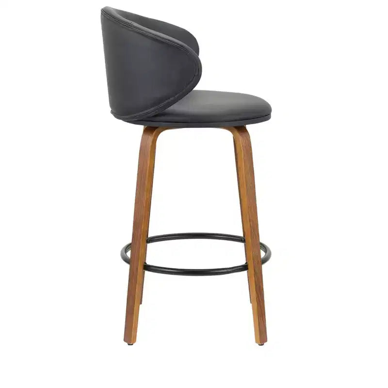 Set di due sedie da bar con schienale basso altezza bancone in ecopelle nera e marrone e legno massiccio, da 26 pollici