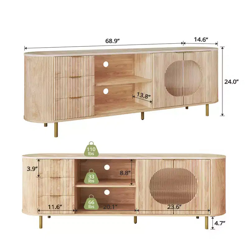Mobile porta TV moderno a incasso da 65 pollici con ripiano effetto marmo e dettagli dorati, adatto per soggiorni, rovere naturale