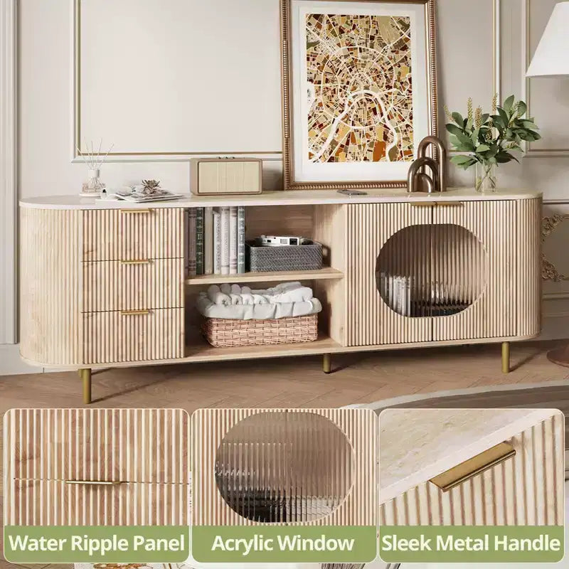 Mobile porta TV moderno a incasso da 65 pollici con ripiano effetto marmo e dettagli dorati, adatto per soggiorni, rovere naturale