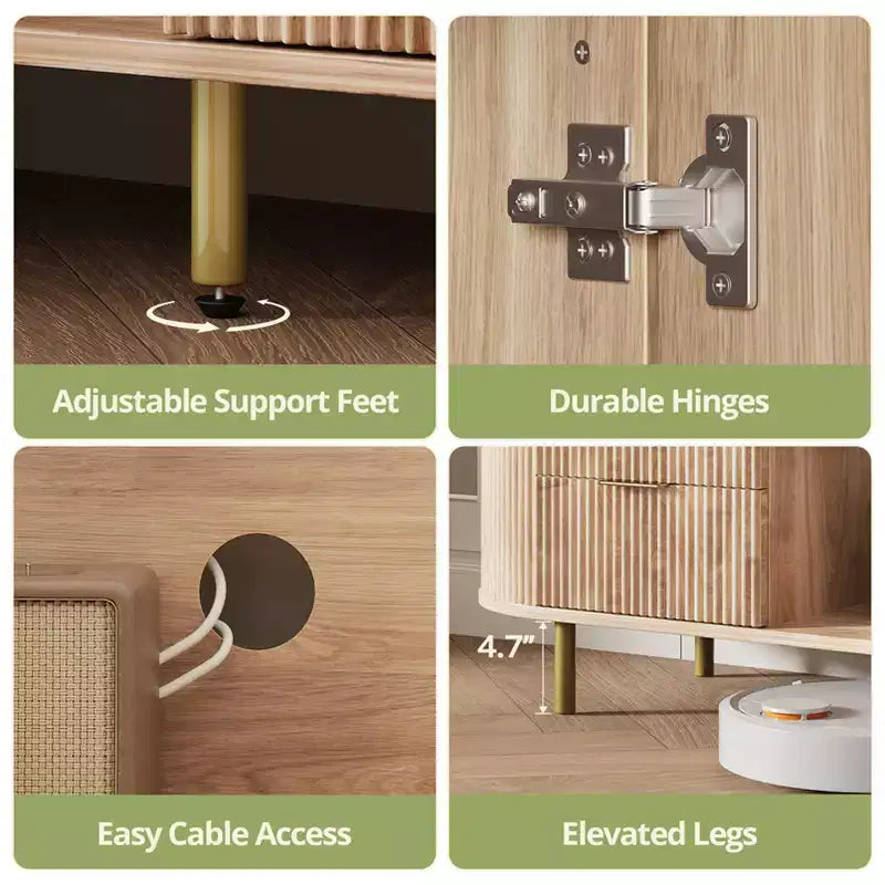 Mobile porta TV moderno a incasso da 65 pollici con ripiano effetto marmo e dettagli dorati, adatto per soggiorni, rovere naturale