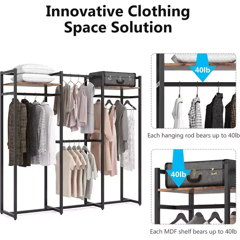 Appendiabiti da terra resistente con ripiani e asta appendiabiti, organizzatore per armadio indipendente per corridoio, camera da letto, nero scuro, carico massimo 227 kg