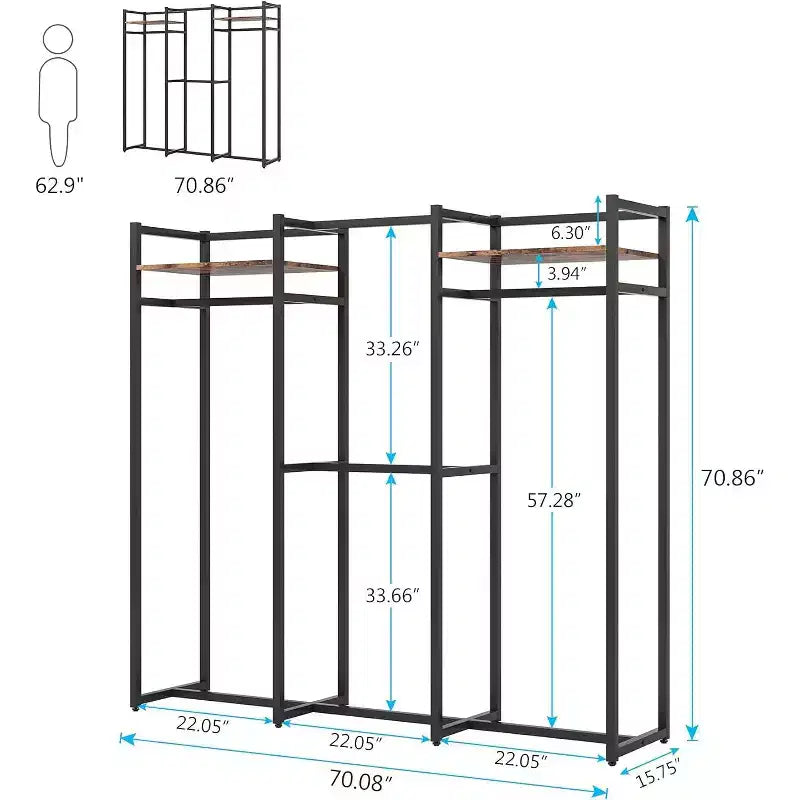 Appendiabiti da terra resistente con ripiani e asta appendiabiti, organizzatore per armadio indipendente per corridoio, camera da letto, nero scuro, carico massimo 227 kg