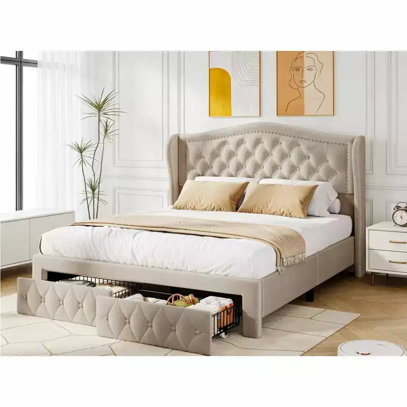 Struttura Letto Matrimoniale (Queen Size), Letto a Piattaforma Rivestito in Velluto - Testiera Alta 133,6 cm con Alette e Trapuntatura Verticale, 2 Cassetti Contenitore, Nessun Sommier a Molle Necessario