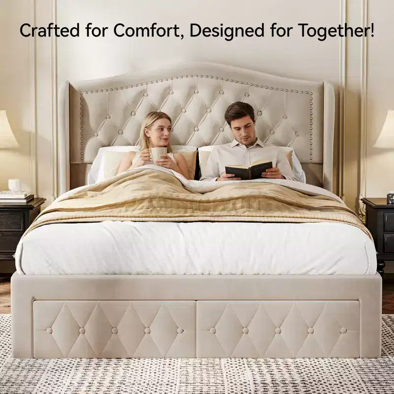 Struttura Letto Matrimoniale (Queen Size), Letto a Piattaforma Rivestito in Velluto - Testiera Alta 133,6 cm con Alette e Trapuntatura Verticale, 2 Cassetti Contenitore, Nessun Sommier a Molle Necessario