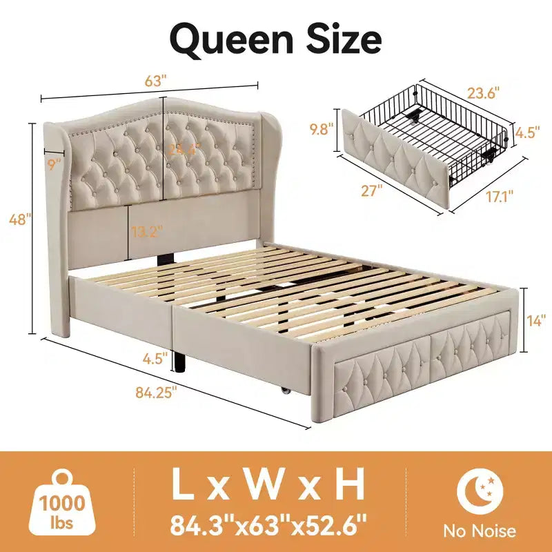 Struttura Letto Matrimoniale (Queen Size), Letto a Piattaforma Rivestito in Velluto - Testiera Alta 133,6 cm con Alette e Trapuntatura Verticale, 2 Cassetti Contenitore, Nessun Sommier a Molle Necessario