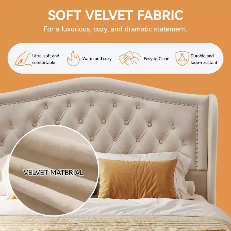 Struttura Letto Matrimoniale (Queen Size), Letto a Piattaforma Rivestito in Velluto - Testiera Alta 133,6 cm con Alette e Trapuntatura Verticale, 2 Cassetti Contenitore, Nessun Sommier a Molle Necessario