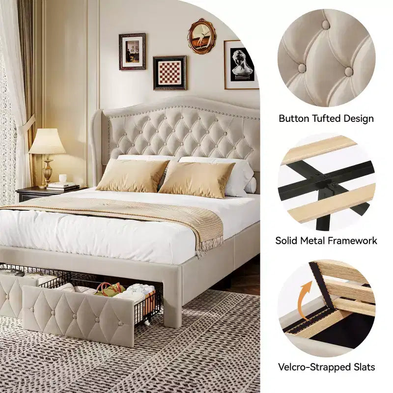 Struttura Letto Matrimoniale (Queen Size), Letto a Piattaforma Rivestito in Velluto - Testiera Alta 133,6 cm con Alette e Trapuntatura Verticale, 2 Cassetti Contenitore, Nessun Sommier a Molle Necessario