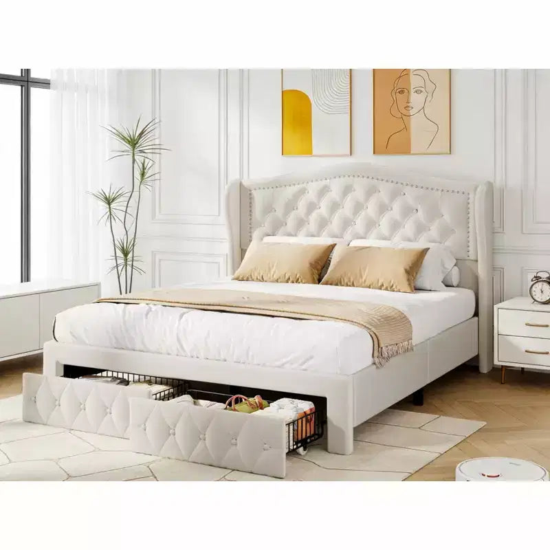 Struttura Letto Matrimoniale (Queen Size), Letto a Piattaforma Rivestito in Velluto - Testiera Alta 133,6 cm con Alette e Trapuntatura Verticale, 2 Cassetti Contenitore, Nessun Sommier a Molle Necessario