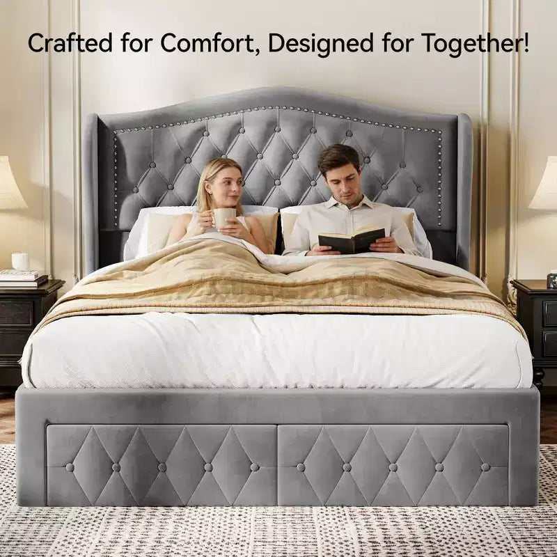 Struttura Letto Matrimoniale (Queen Size), Letto a Piattaforma Rivestito in Velluto - Testiera Alta 133,6 cm con Alette e Trapuntatura Verticale, 2 Cassetti Contenitore, Nessun Sommier a Molle Necessario