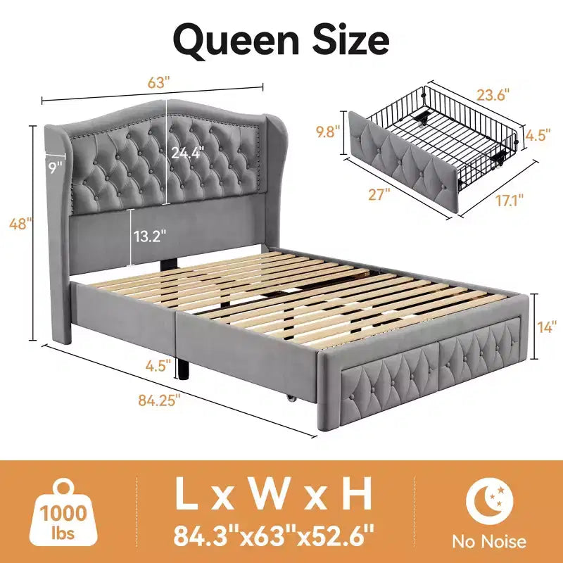 Struttura Letto Matrimoniale (Queen Size), Letto a Piattaforma Rivestito in Velluto - Testiera Alta 133,6 cm con Alette e Trapuntatura Verticale, 2 Cassetti Contenitore, Nessun Sommier a Molle Necessario