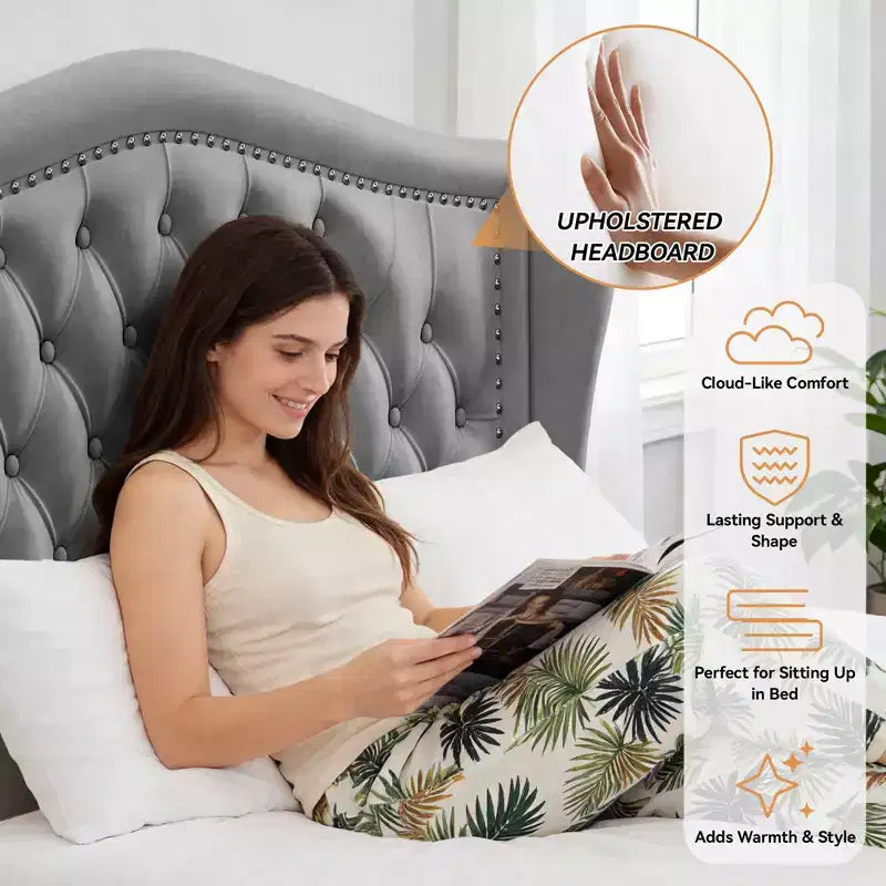 Struttura Letto Matrimoniale (Queen Size), Letto a Piattaforma Rivestito in Velluto - Testiera Alta 133,6 cm con Alette e Trapuntatura Verticale, 2 Cassetti Contenitore, Nessun Sommier a Molle Necessario