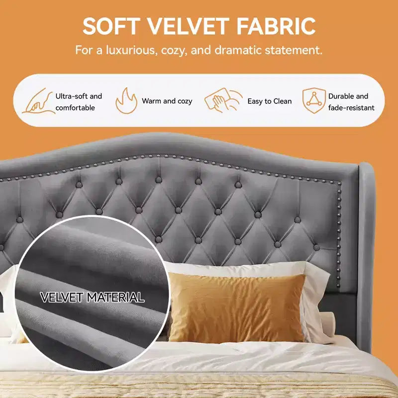 Struttura Letto Matrimoniale (Queen Size), Letto a Piattaforma Rivestito in Velluto - Testiera Alta 133,6 cm con Alette e Trapuntatura Verticale, 2 Cassetti Contenitore, Nessun Sommier a Molle Necessario