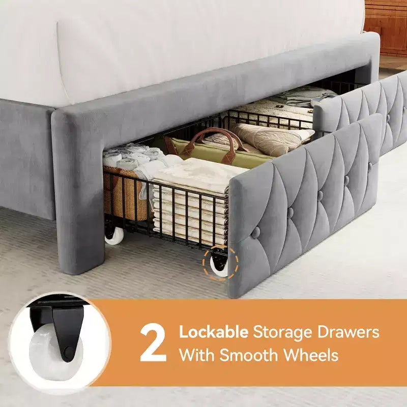 Struttura Letto Matrimoniale (Queen Size), Letto a Piattaforma Rivestito in Velluto - Testiera Alta 133,6 cm con Alette e Trapuntatura Verticale, 2 Cassetti Contenitore, Nessun Sommier a Molle Necessario