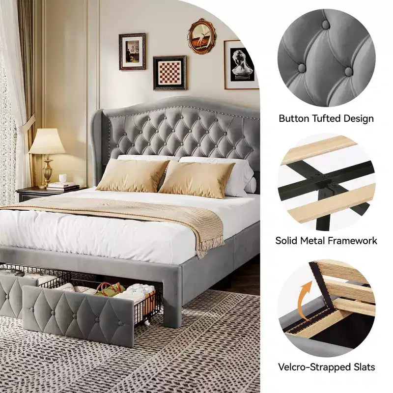 Struttura Letto Matrimoniale (Queen Size), Letto a Piattaforma Rivestito in Velluto - Testiera Alta 133,6 cm con Alette e Trapuntatura Verticale, 2 Cassetti Contenitore, Nessun Sommier a Molle Necessario