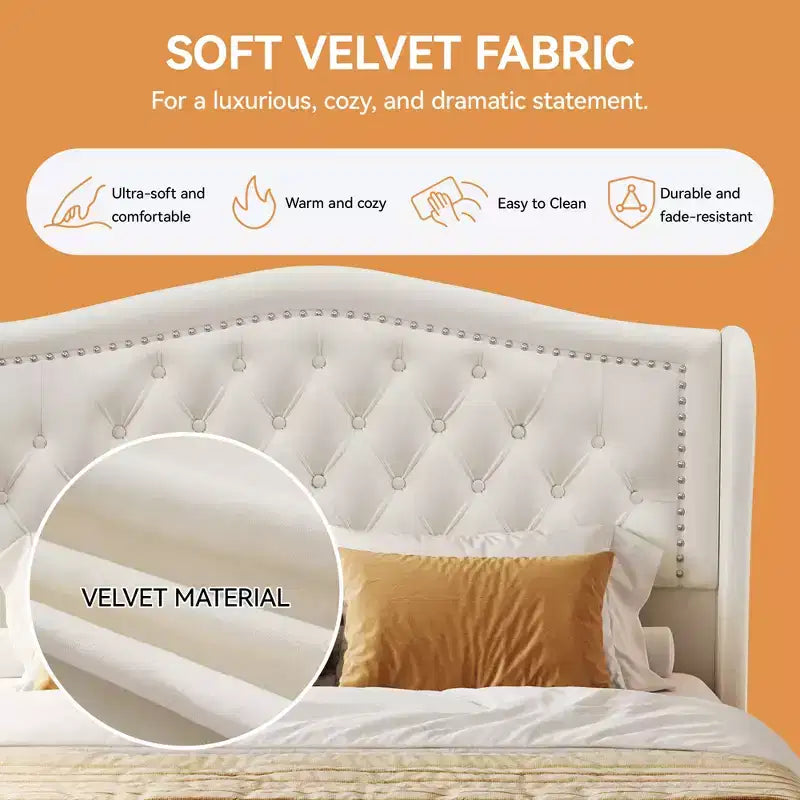 Struttura Letto Matrimoniale (Queen Size), Letto a Piattaforma Rivestito in Velluto - Testiera Alta 133,6 cm con Alette e Trapuntatura Verticale, 2 Cassetti Contenitore, Nessun Sommier a Molle Necessario