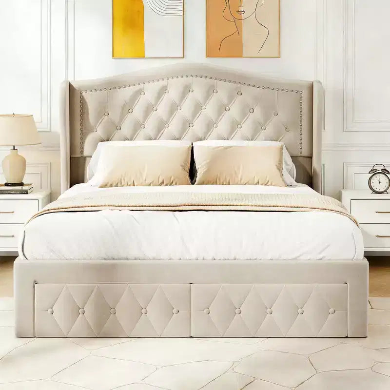 Struttura Letto Matrimoniale (Queen Size), Letto a Piattaforma Rivestito in Velluto - Testiera Alta 133,6 cm con Alette e Trapuntatura Verticale, 2 Cassetti Contenitore, Nessun Sommier a Molle Necessario