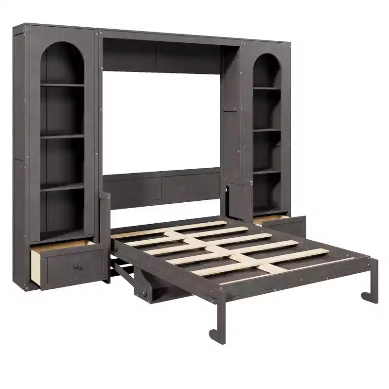 Letto a scomparsa Queen Size con armadietti laterali e luce LED, letto a scomparsa con ripiani e cassetti per la camera degli ospiti, grigio
