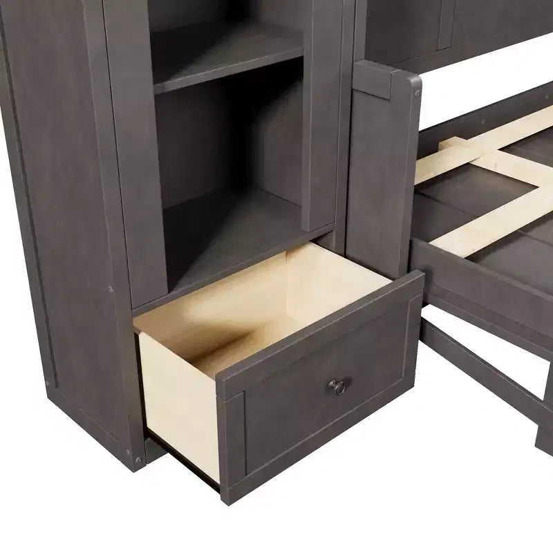 Letto a scomparsa Queen Size con armadietti laterali e luce LED, letto a scomparsa con ripiani e cassetti per la camera degli ospiti, grigio