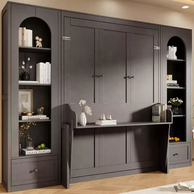 Letto a scomparsa Queen Size con armadietti laterali e luce LED, letto a scomparsa con ripiani e cassetti per la camera degli ospiti, grigio