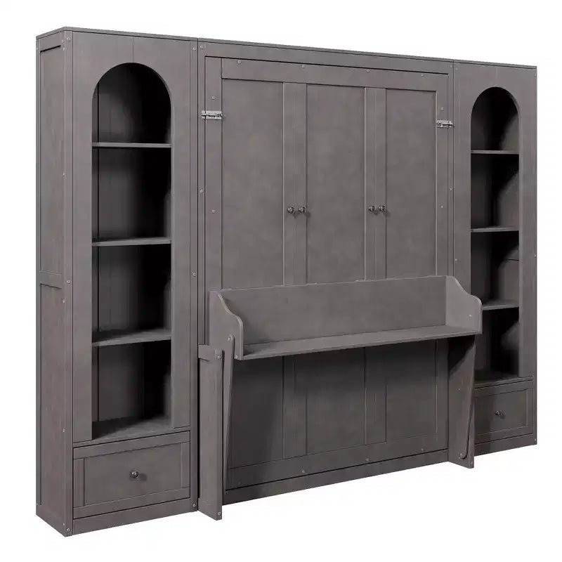 Letto a scomparsa Queen Size con armadietti laterali e luce LED, letto a scomparsa con ripiani e cassetti per la camera degli ospiti, grigio