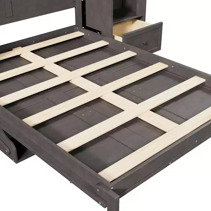 Letto a scomparsa Queen Size con armadietti laterali e luce LED, letto a scomparsa con ripiani e cassetti per la camera degli ospiti, grigio