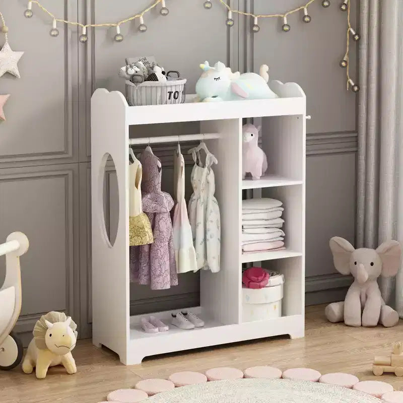 Porta Abiti per Bambini con Specchio, Organizzatore di Costumi in Legno con Asta Appendiabiti, Ganci e Ripiani, Bianco