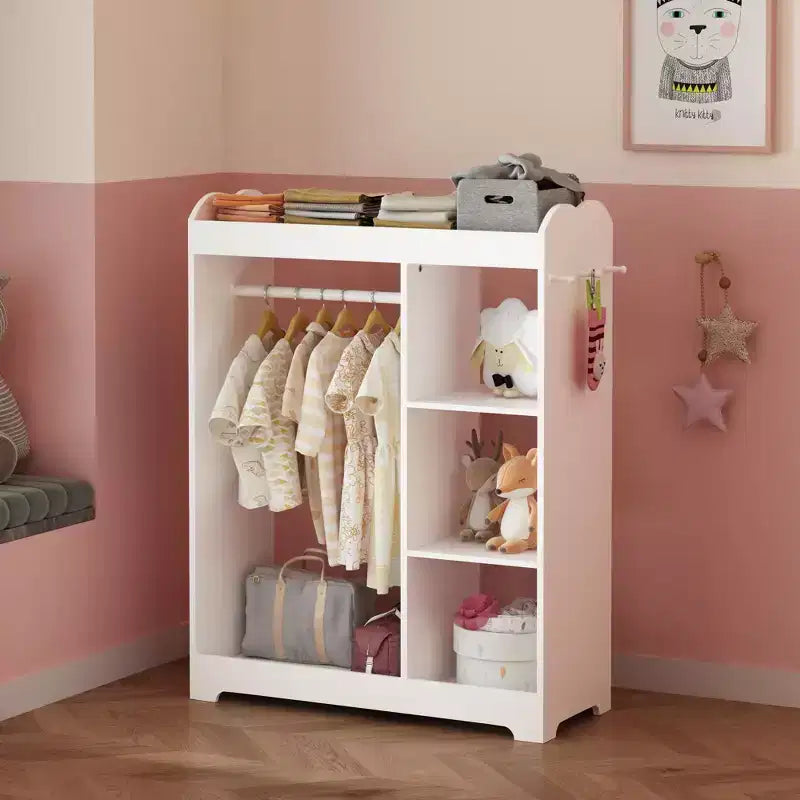 Porta Abiti per Bambini con Specchio, Organizzatore di Costumi in Legno con Asta Appendiabiti, Ganci e Ripiani, Bianco
