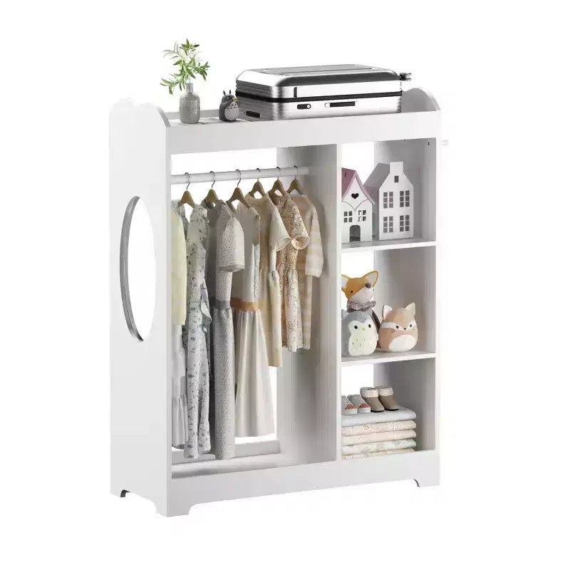 Porta Abiti per Bambini con Specchio, Organizzatore di Costumi in Legno con Asta Appendiabiti, Ganci e Ripiani, Bianco