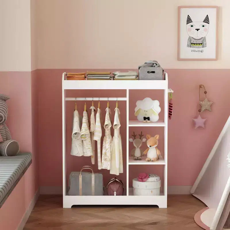 Porta Abiti per Bambini con Specchio, Organizzatore di Costumi in Legno con Asta Appendiabiti, Ganci e Ripiani, Bianco