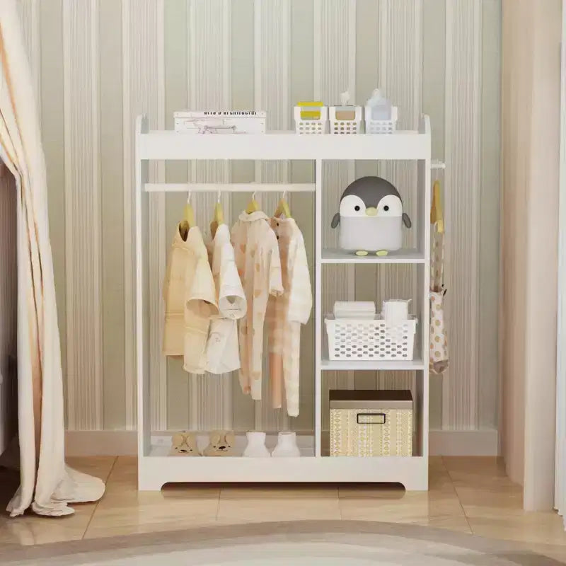 Porta Abiti per Bambini con Specchio, Organizzatore di Costumi in Legno con Asta Appendiabiti, Ganci e Ripiani, Bianco
