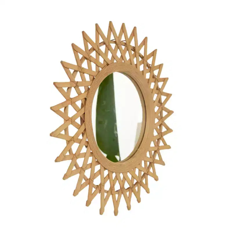 Specchio decorativo da parete moderno rotondo in bambù da 24 pollici con lavorazione intrecciata, piccolo specchio circolare per ingresso o soggiorno
