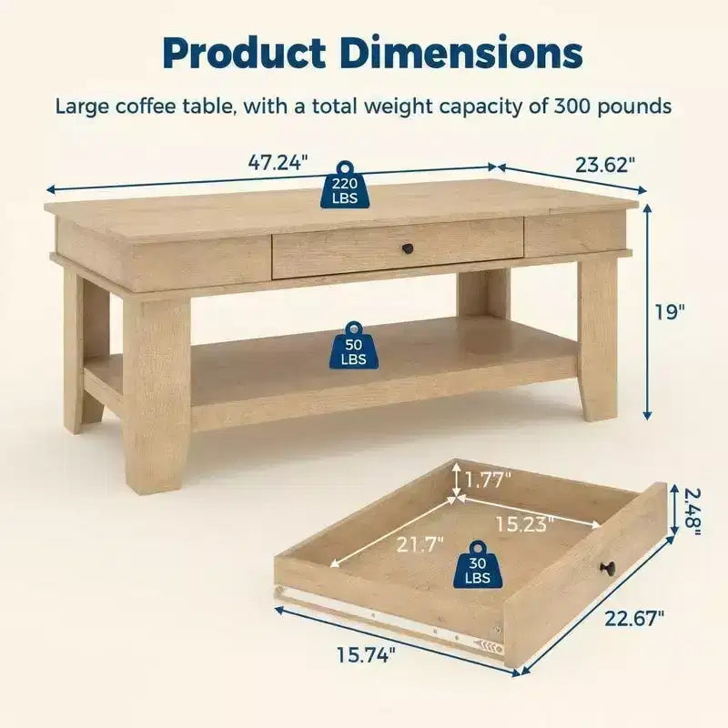 Tavolino da caffè rustico da 120 cm con capacità di 136 kg, con cassetto e ripiano, perfetto per il soggiorno (confezione da 1)