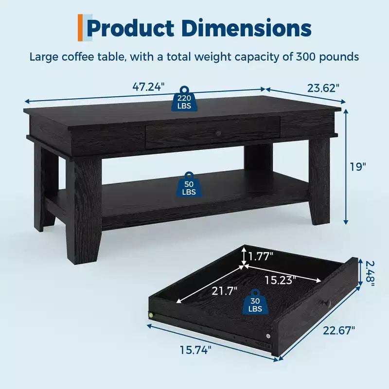 Tavolino da caffè rustico da 120 cm con capacità di 136 kg, con cassetto e ripiano, perfetto per il soggiorno (confezione da 1)