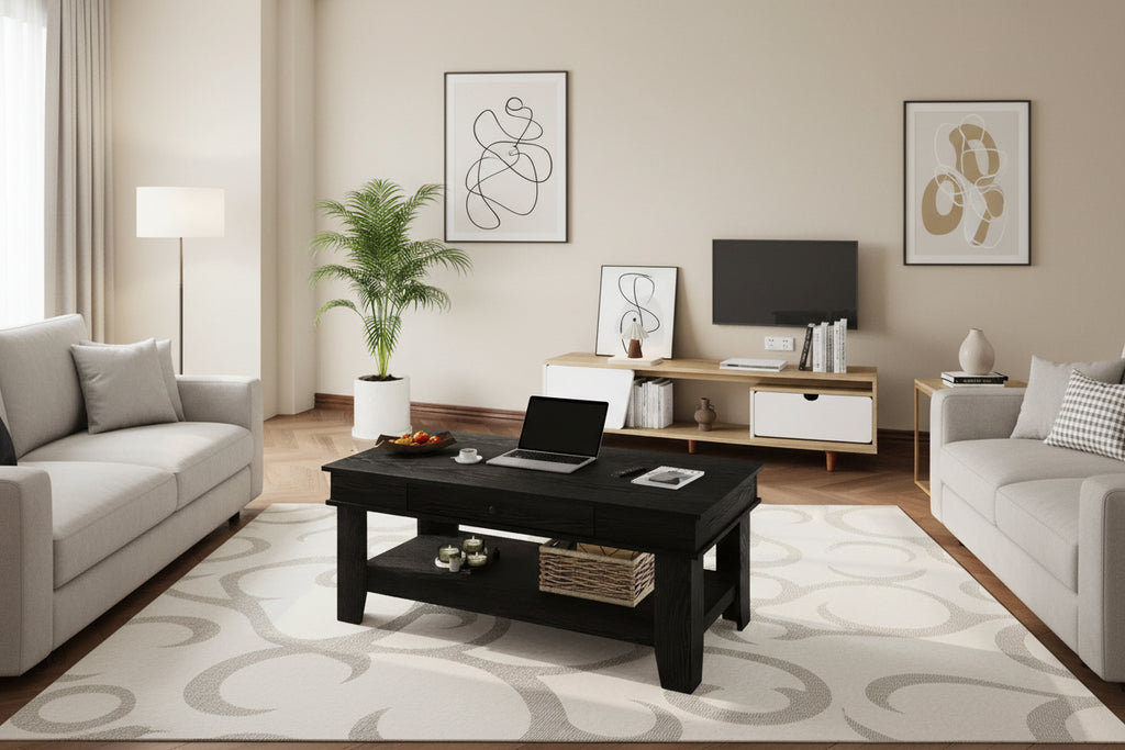 47.2 Rustic Farmhouse Coffee Table  300 Lb Capacity, with Drawer & Storage Shelf  Perfect for Living Room (1-Pack)